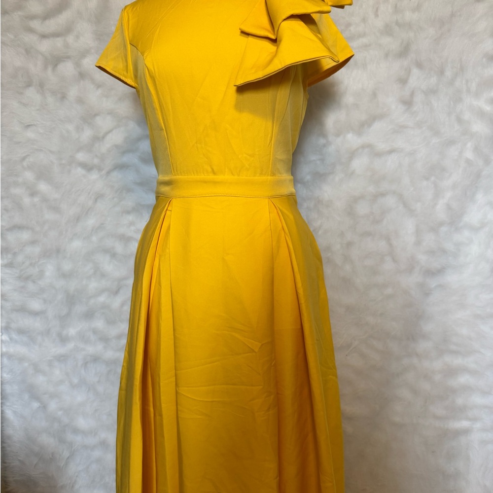 Yellow Midi Dress with Bow Shoulder - Picture 3 of 5